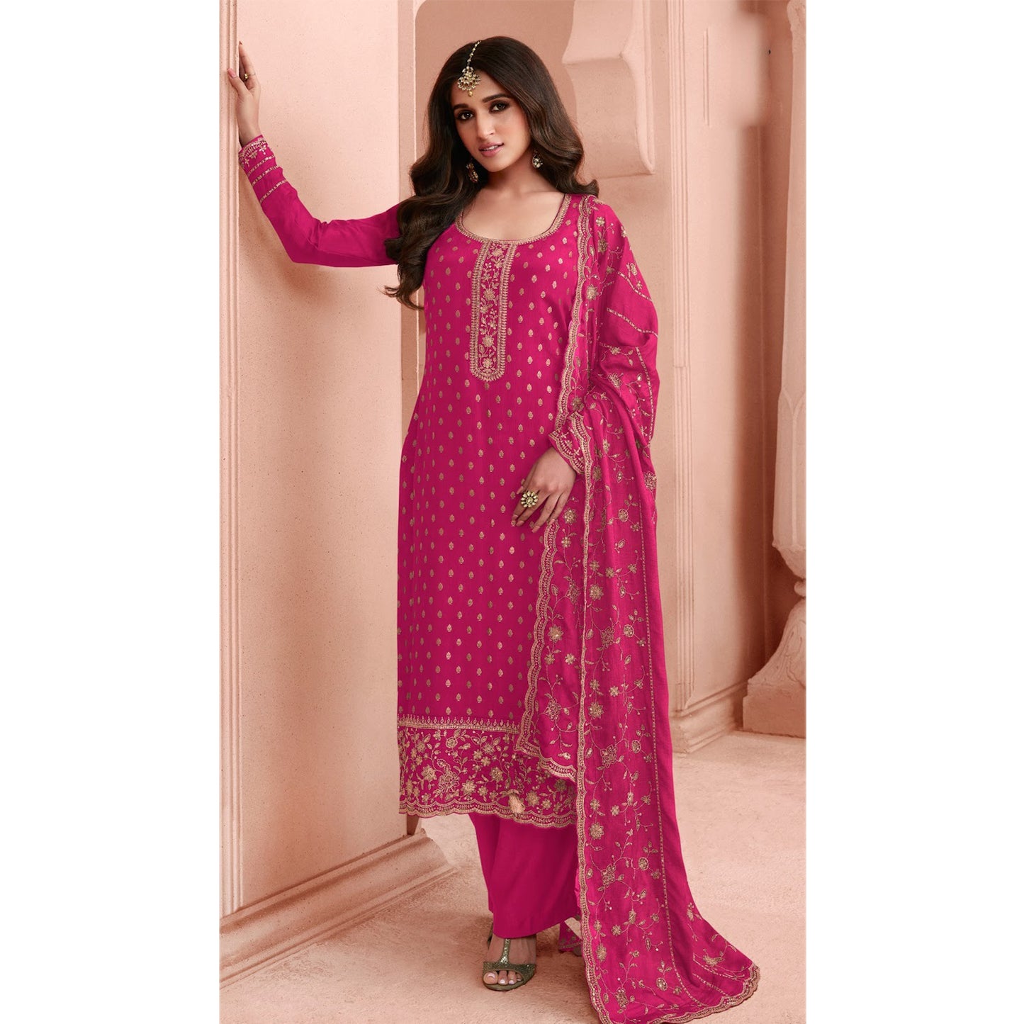 Heavy Embroidery Work Shalwar Kameez Palazzo-pant Suits With Heavy Dupatta