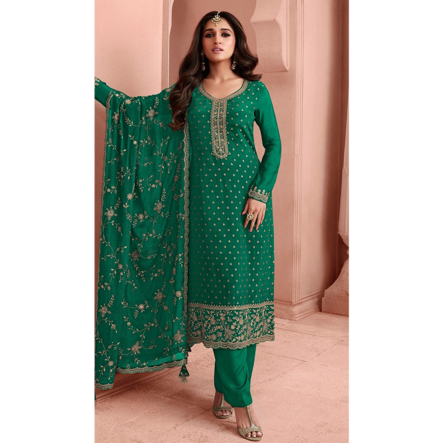 Heavy Embroidery Work Shalwar Kameez Palazzo-pant Suits With Heavy Dupatta