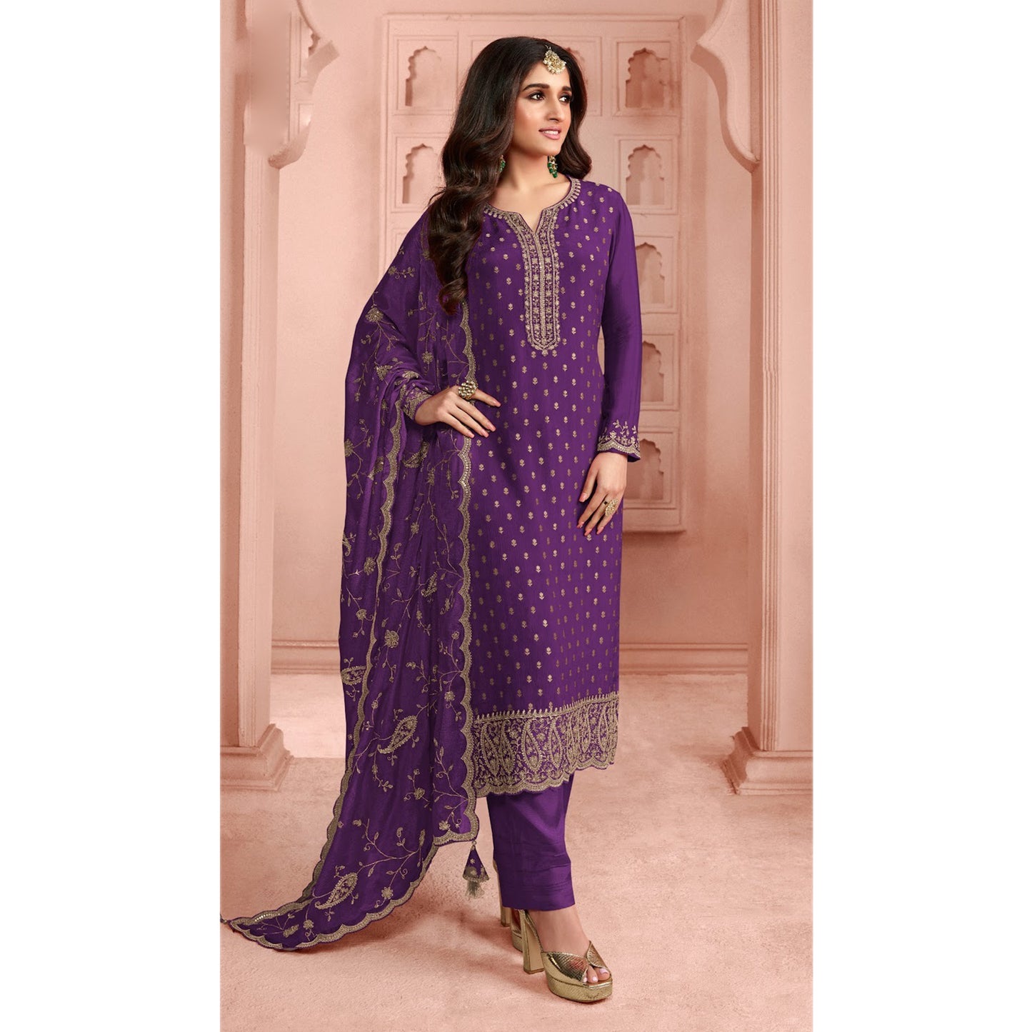 Heavy Embroidery Work Shalwar Kameez Palazzo-pant Suits With Heavy Dupatta