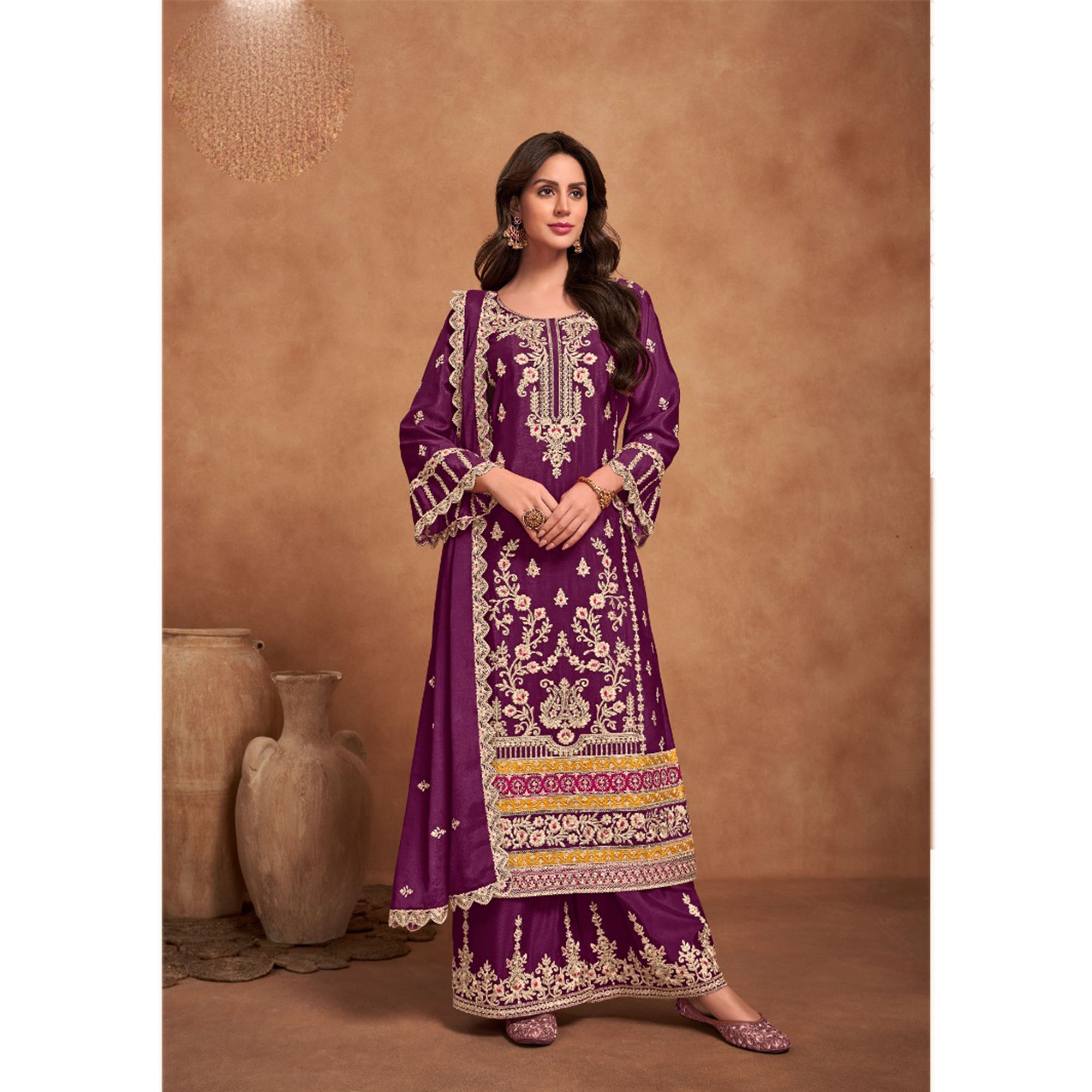 Stunning Designer Heavy Embroidery Work Chinon Fabric Salwar Kameez Plazzo Suit