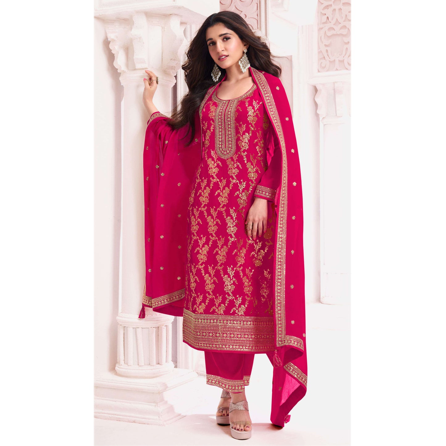 Women's Wear Embroidery Santoon Fabric Salwar Kameez Pant Suits With Chinon Dupatta