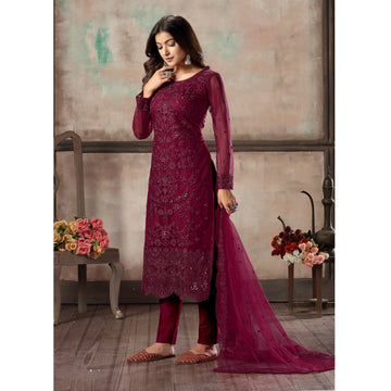 Red Color Net Fabric Heavy Embroidery & Sequence Worked Salwar Kameez Pant Dress