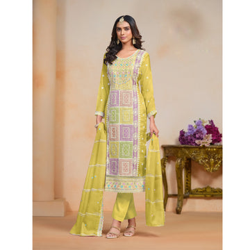 Tarditional Style Yellow Color Embroidery Worked Stitched Function Wear Salwar Kameez Pant Suits