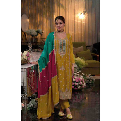 Yellow Color Embroidery Worked Muslim Roka Nikah Wear Salwar Kameez Plazzo Pant Suits