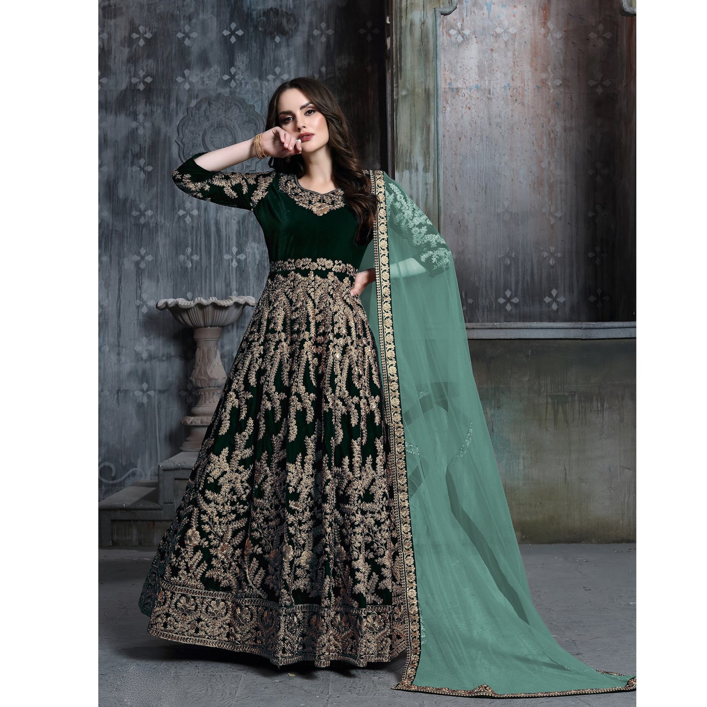 Velvet Fabric Beautiful Handmade Wine Color Anarkali Gown Suits with Heavy Embroidery Work