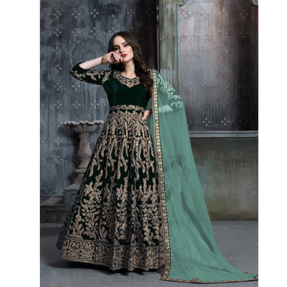 Velvet Fabric Beautiful Handmade Wine Color Anarkali Gown Suits with Heavy Embroidery Work