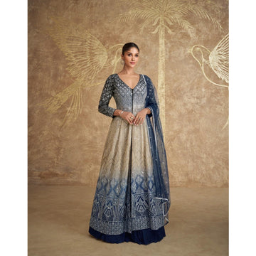 Captivating Beige & Blue Color Pakistani Designer Wedding Function Wear Anarkali Style Indo Western Suits