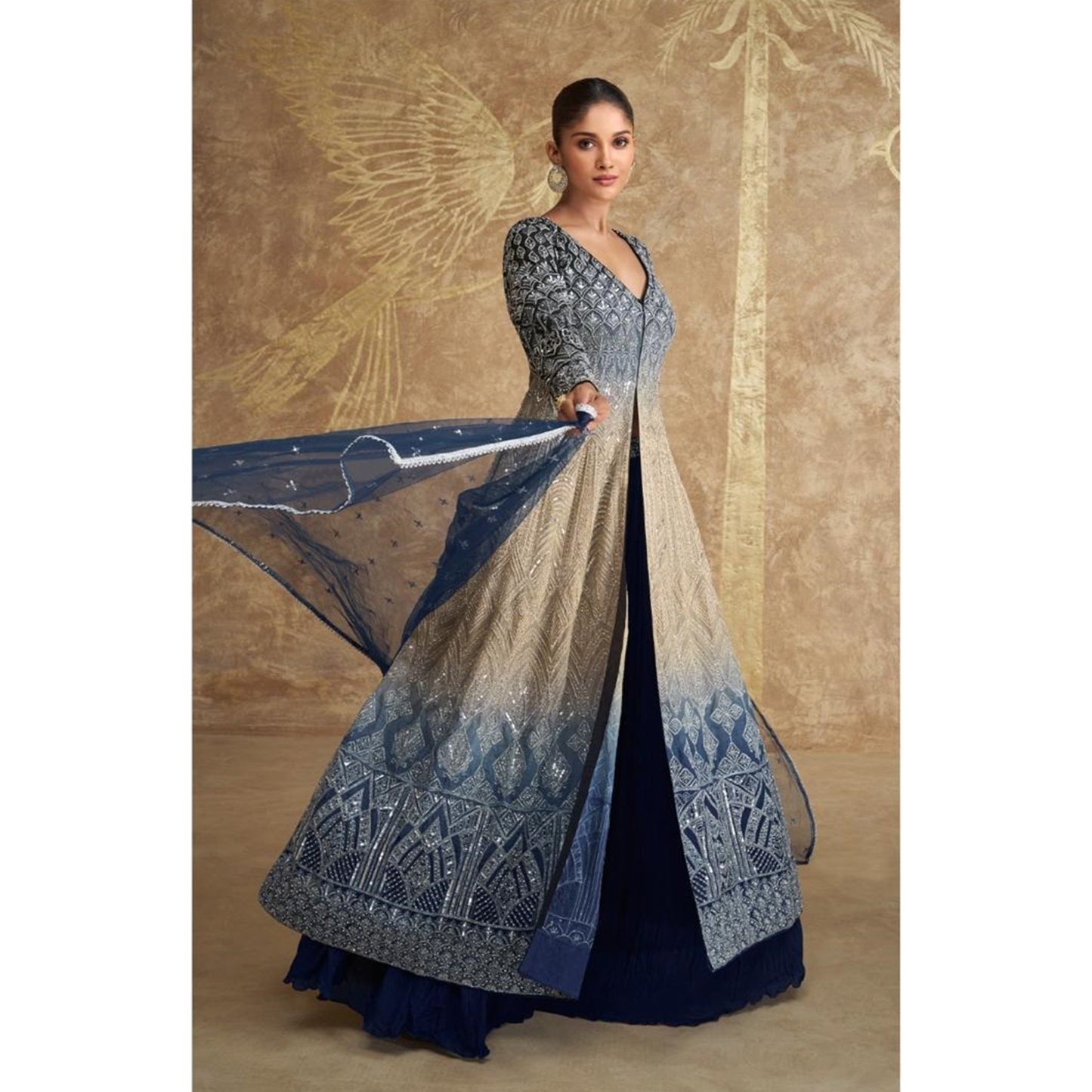 Captivating Beige & Blue Color Pakistani Designer Wedding Function Wear Anarkali Style Indo Western Suits