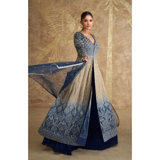 Captivating Beige & Blue Color Pakistani Designer Wedding Function Wear Anarkali Style Indo Western Suits