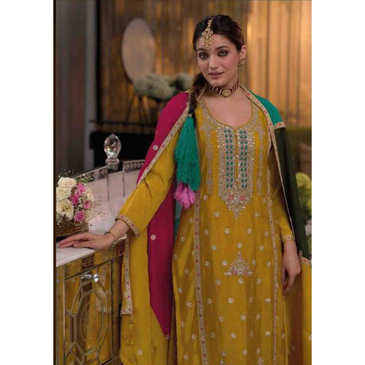 Yellow Color Embroidery Worked Muslim Roka Nikah Wear Salwar Kameez Plazzo Pant Suits