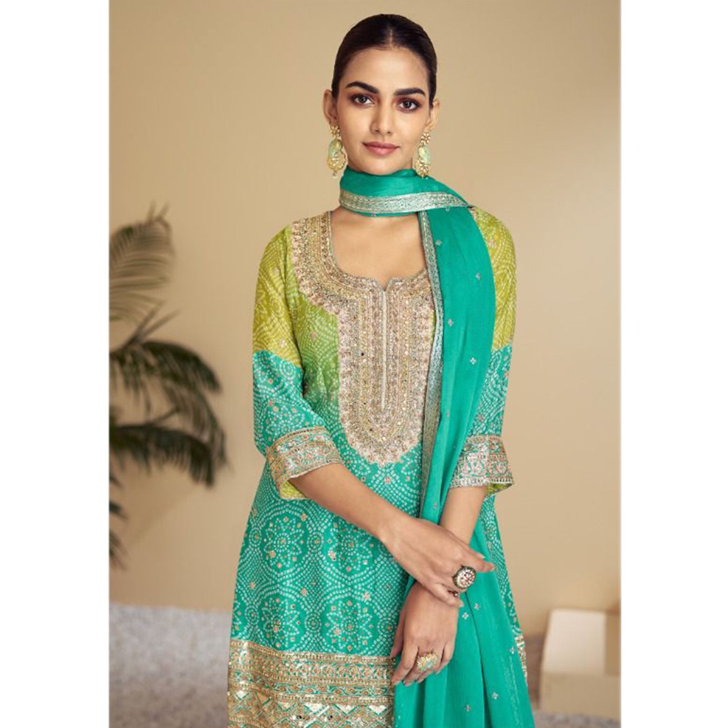 Indian Pakistani Designer Ready To Wear Heavy Embroidery Work Sharara Style Suits With Chinon Dupatta