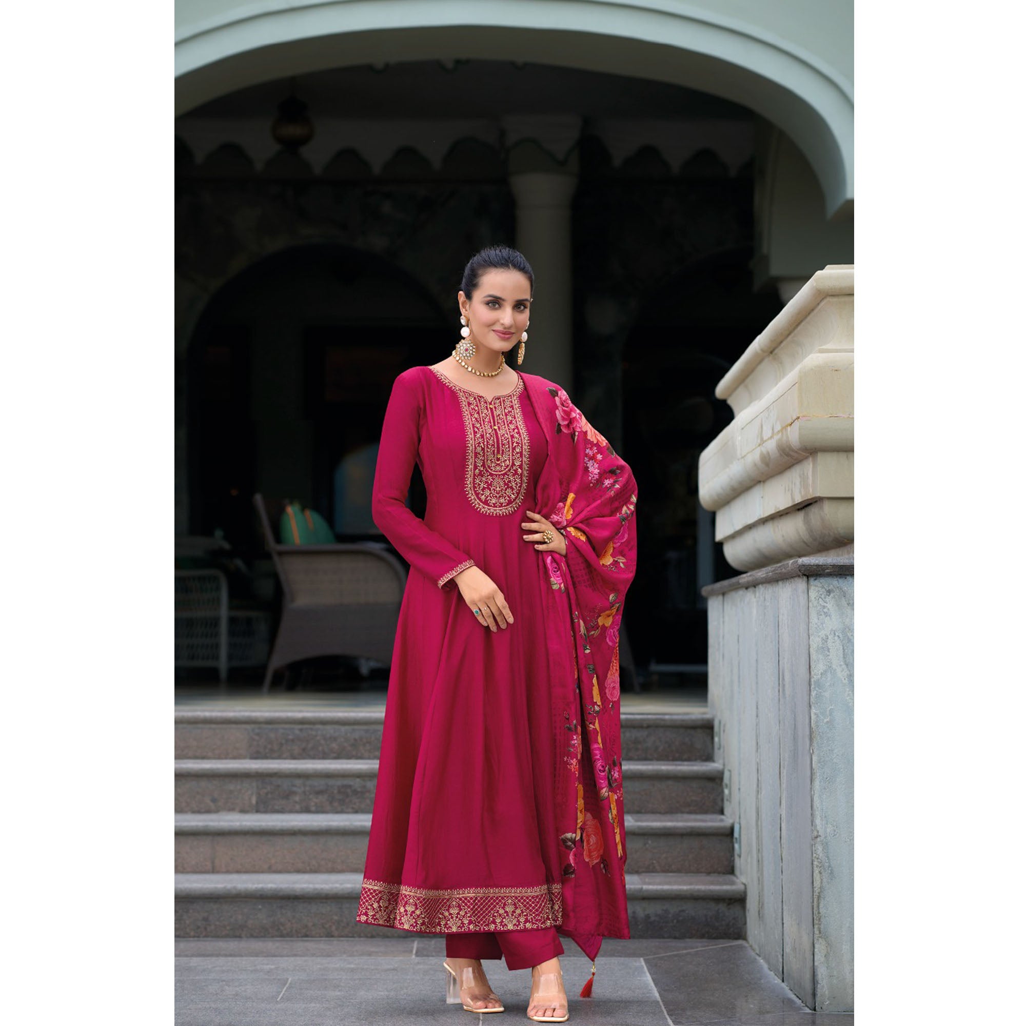 Bollywood Designer Embroidery Work Anarkali Salwar Kameez Pant Suit With Silk Fabric Dupatta