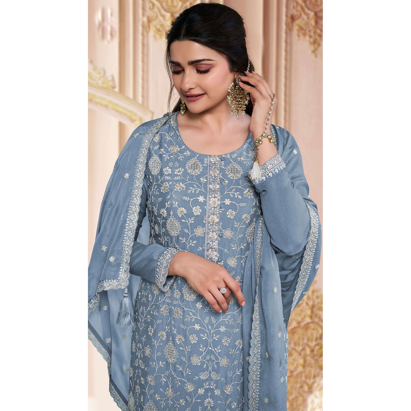 Indian Designer Thread Embroidery Chinon Work Event Wear Salwar Kameez Pant Suit