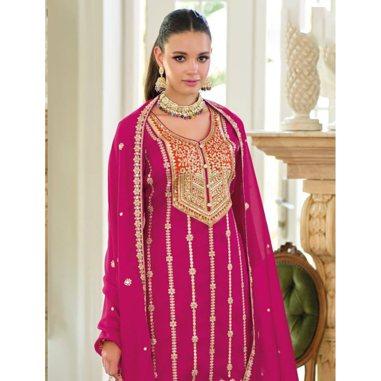 Indian Function Wear Salwar Kameez Palazzo Suits Pink Color Regular Size Outfits