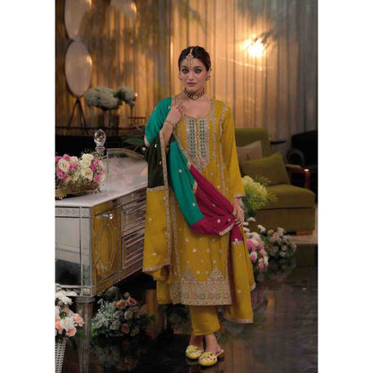 Yellow Color Embroidery Worked Muslim Roka Nikah Wear Salwar Kameez Plazzo Pant Suits