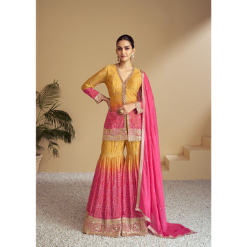 Indian Pakistani Designer Ready To Wear Heavy Embroidery Work Sharara Style Suits With Chinon Dupatta