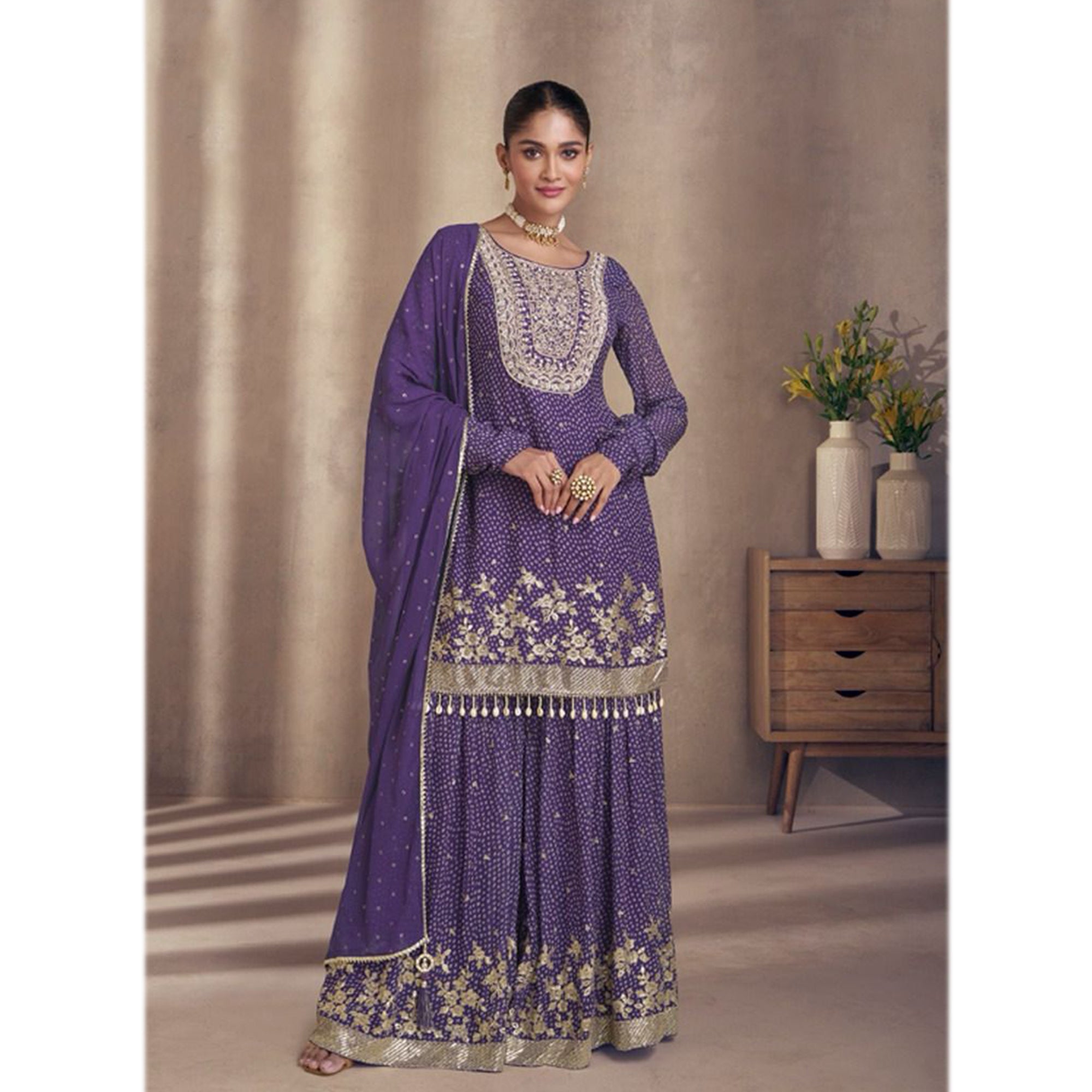 Event Party Wear Real Chinon Silk Fabric Salwar Kameez Palazzo Suits