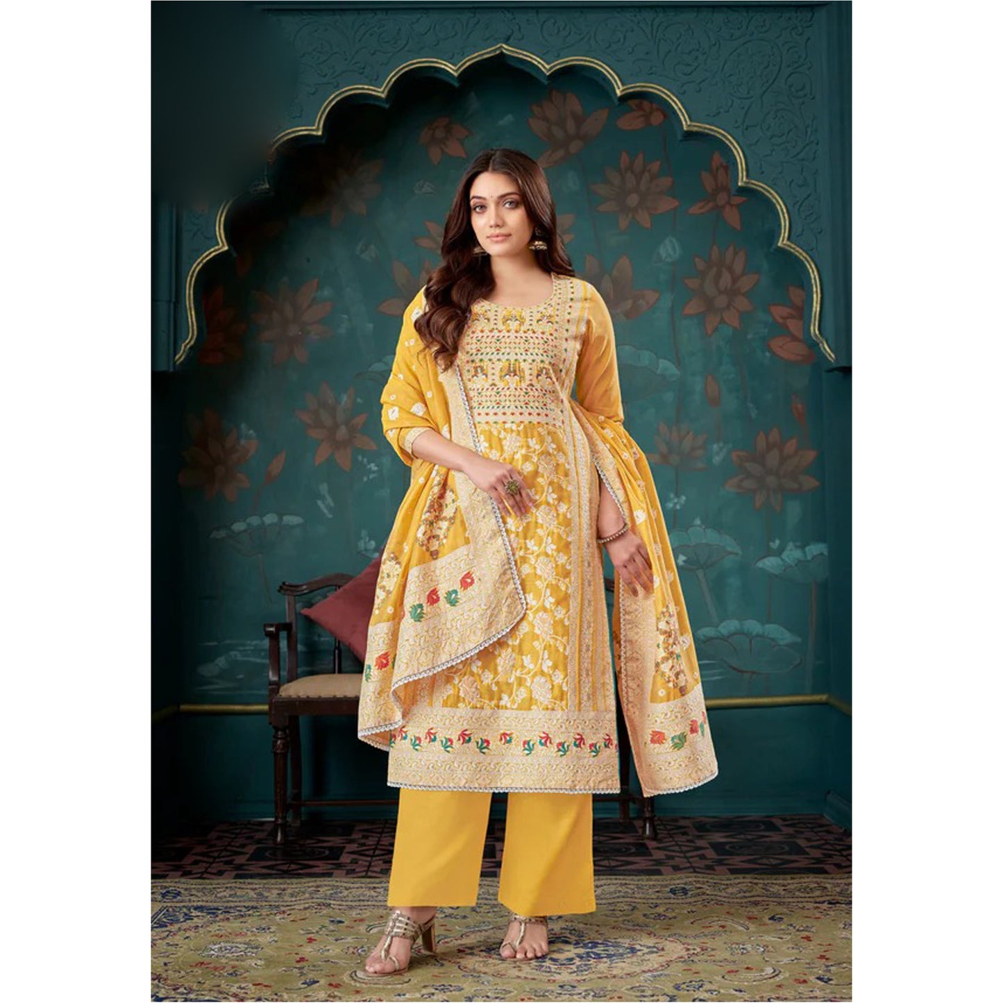 Festival Wear Jacquard Designer Work Salwar Kameez Plazzo Pant Suits