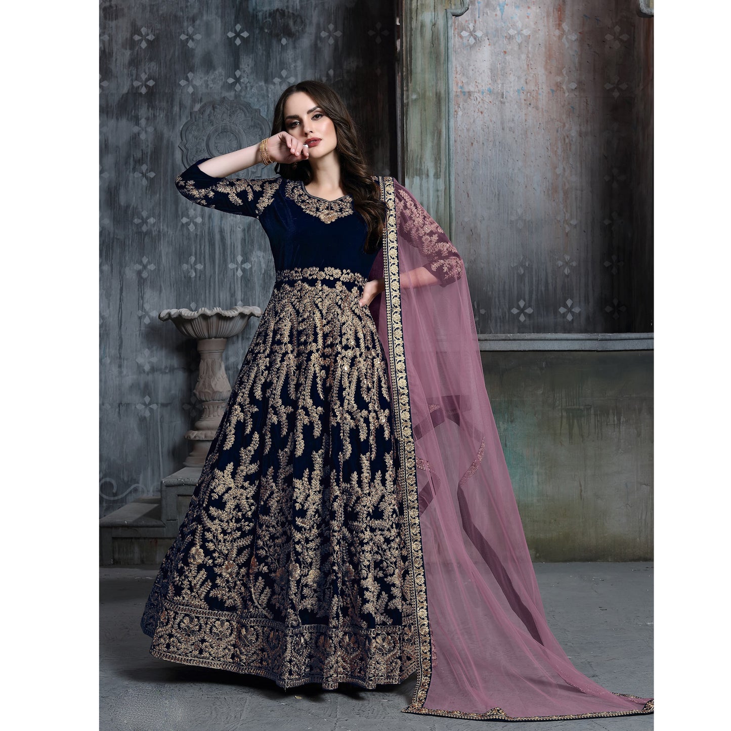 Velvet Fabric Beautiful Handmade Wine Color Anarkali Gown Suits with Heavy Embroidery Work