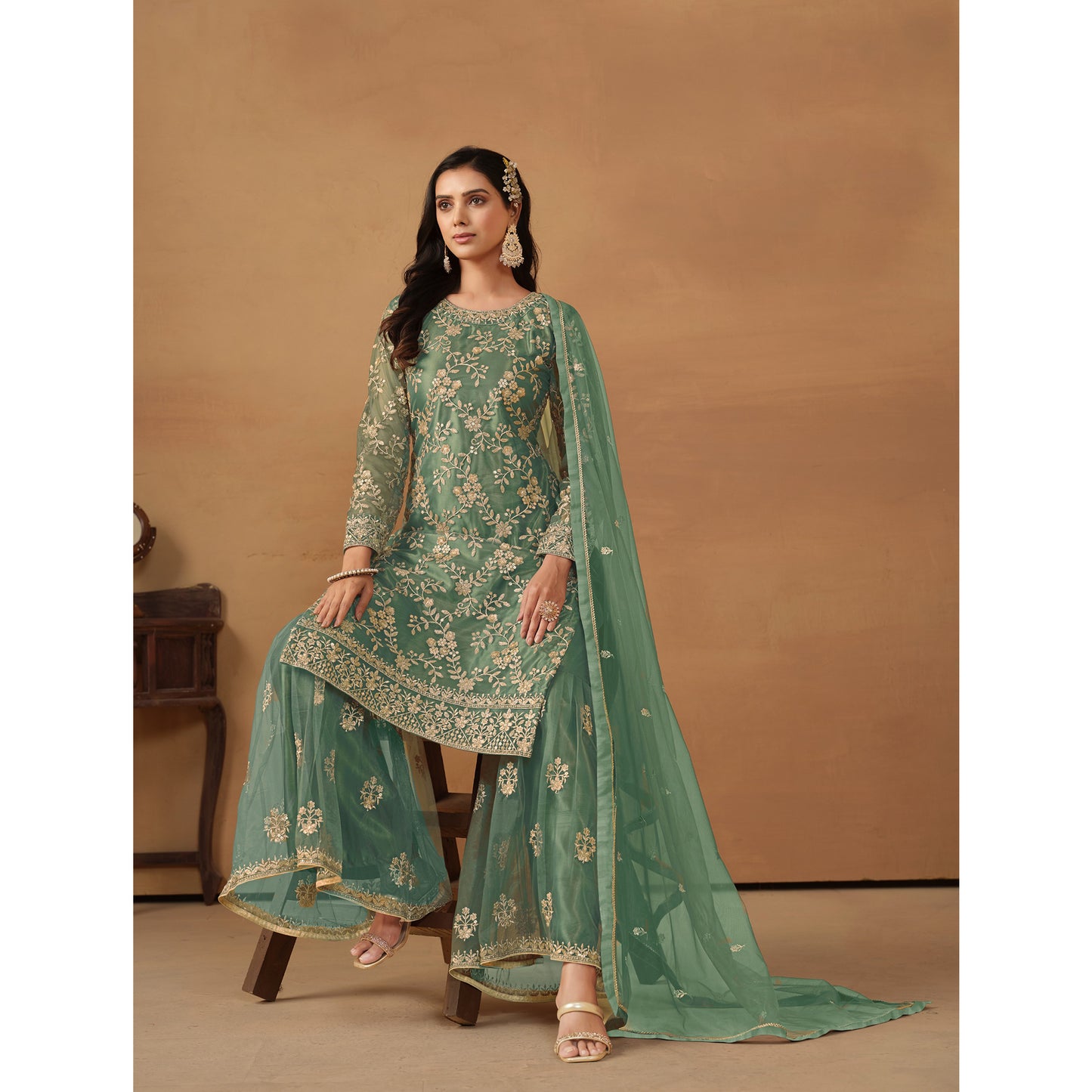 Eid Ramdan Special  Designer Embroidery Work & Net Fabric Salwar kameez Sharara Suits