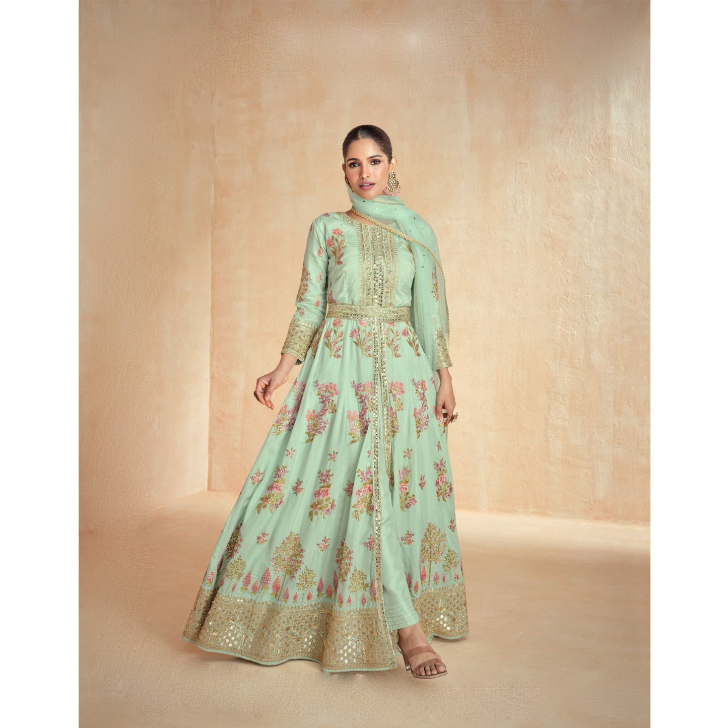 Bollywood Wedding Reception Wear Embroidery Worked Slit Anarkali Gown Suits