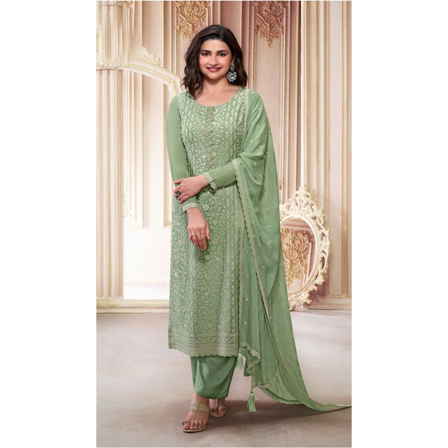 Indian Designer Thread Embroidery Chinon Work Event Wear Salwar Kameez Pant Suit