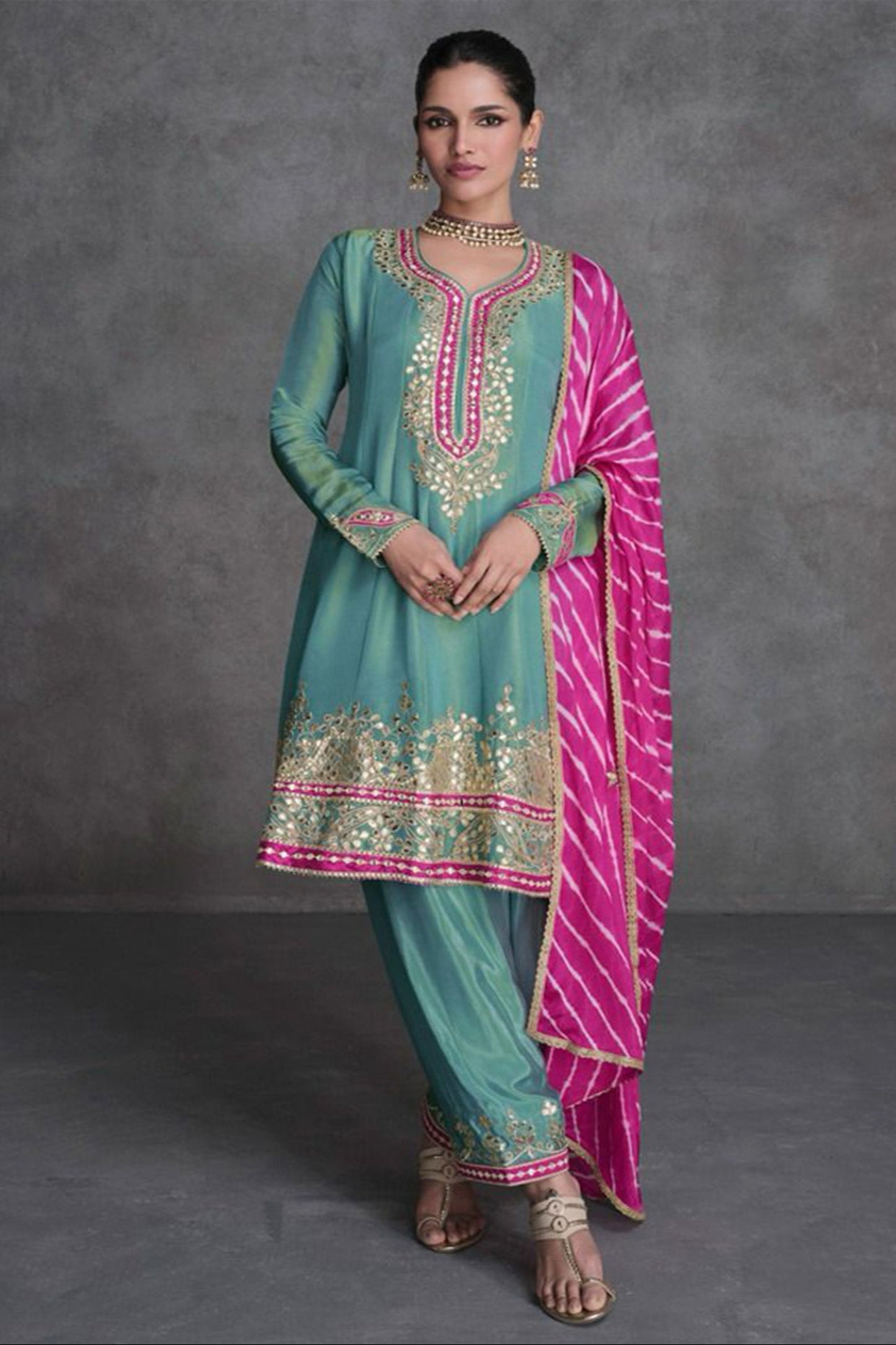 Pakistani Roka Nikah Wear Organza Silk Salwar Kameez Pant Suits