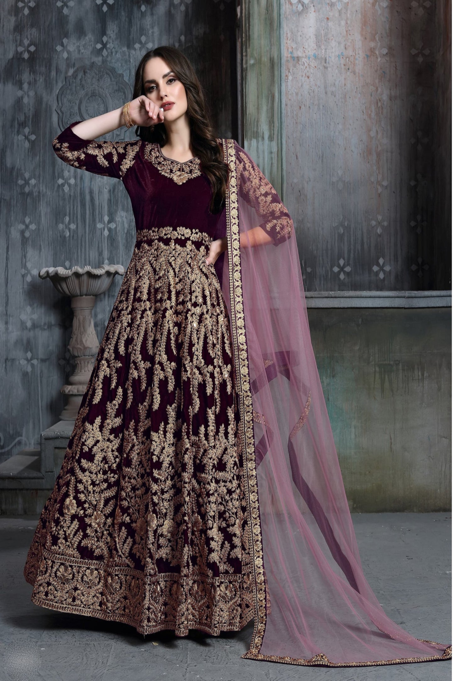 Velvet Fabric Beautiful Handmade Wine Color Anarkali Gown Suits with Heavy Embroidery Work