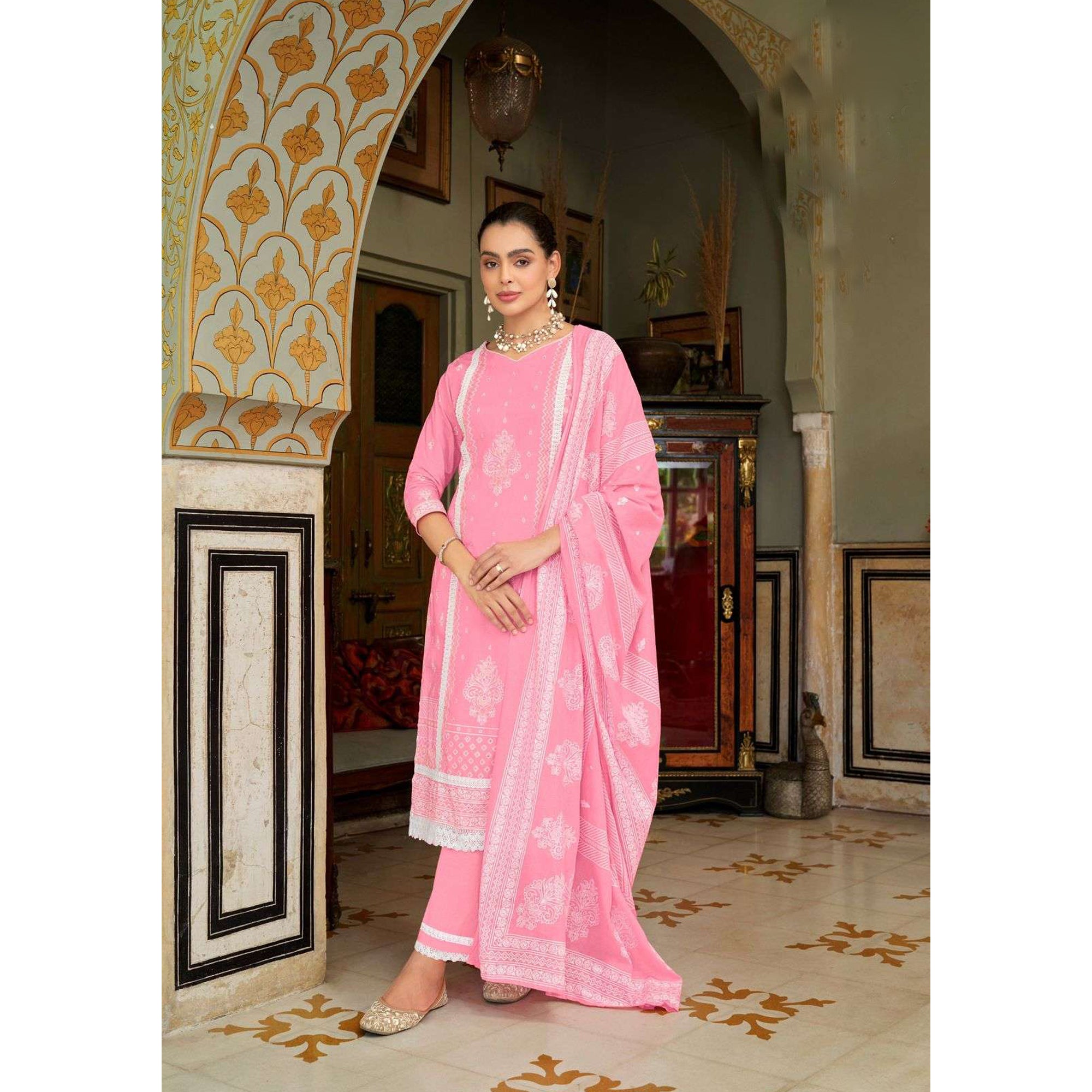 Pink Color Pure Cambric Cotton Print With Fancy Work Salwar Kameez Plazzo Pant Suit