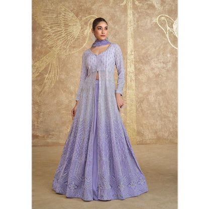 Captivating Beige & Blue Color Pakistani Designer Wedding Function Wear Anarkali Style Indo Western Suits