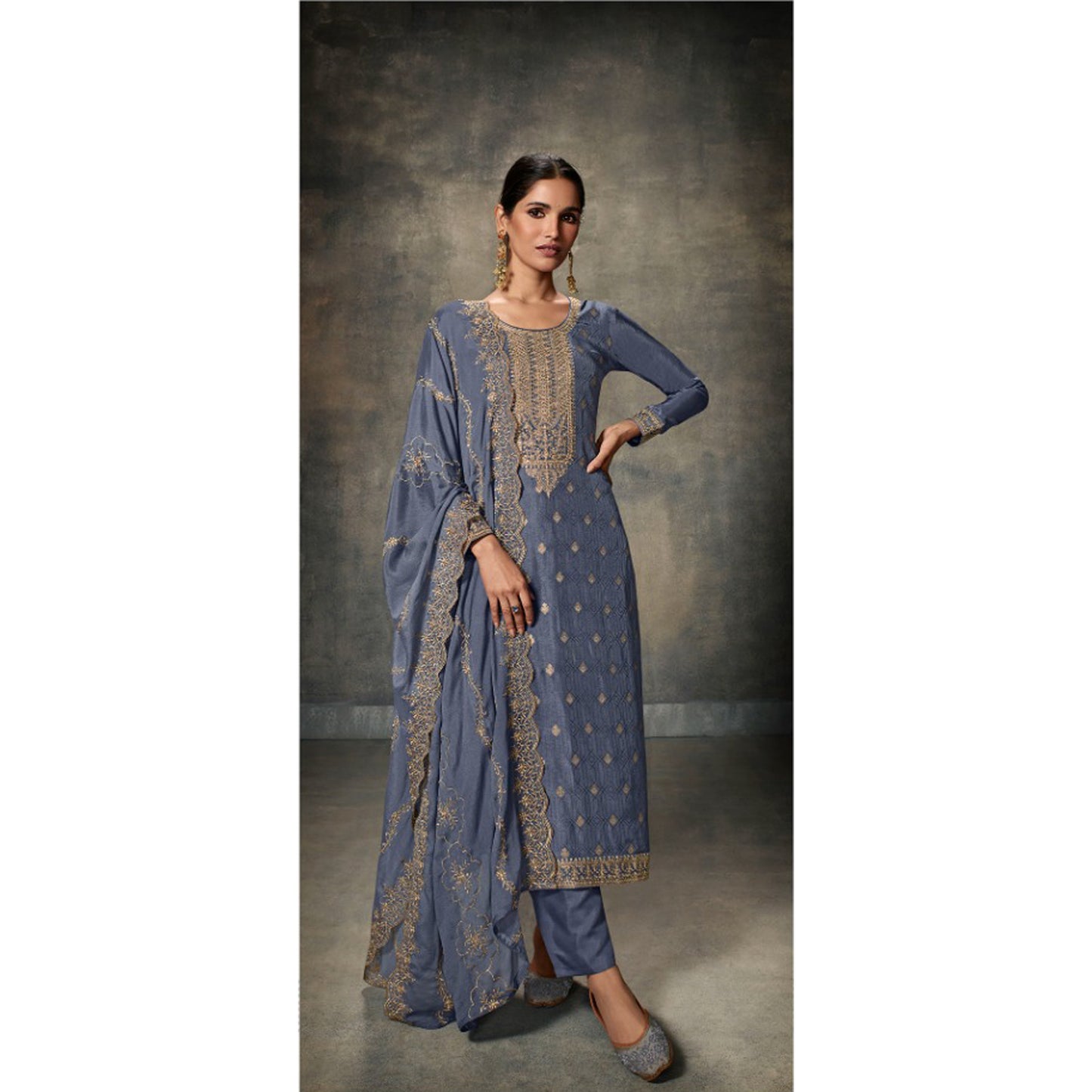 Beautiful Designer Coding Embroidery Work & Dola Silk Salwar Kameez Pant Suits