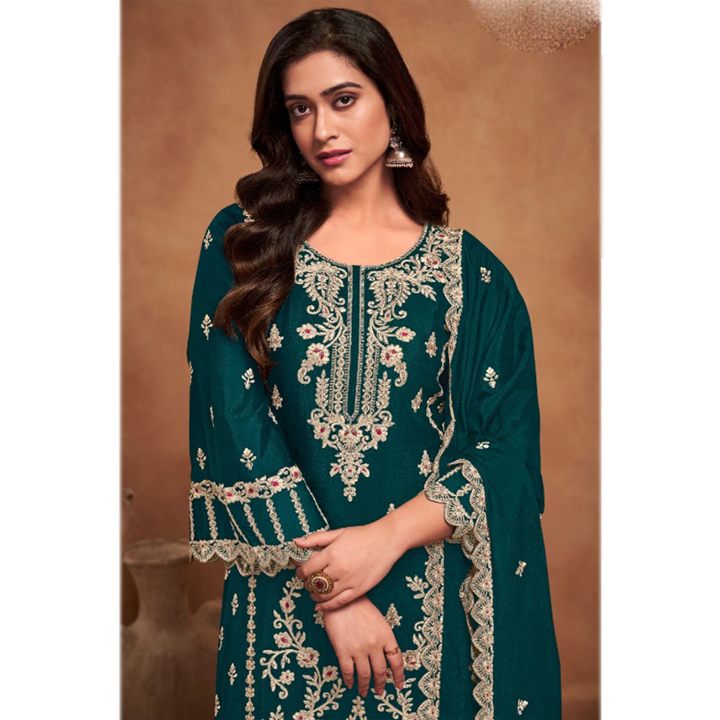 Stunning Designer Heavy Embroidery Work Chinon Fabric Salwar Kameez Plazzo Suit