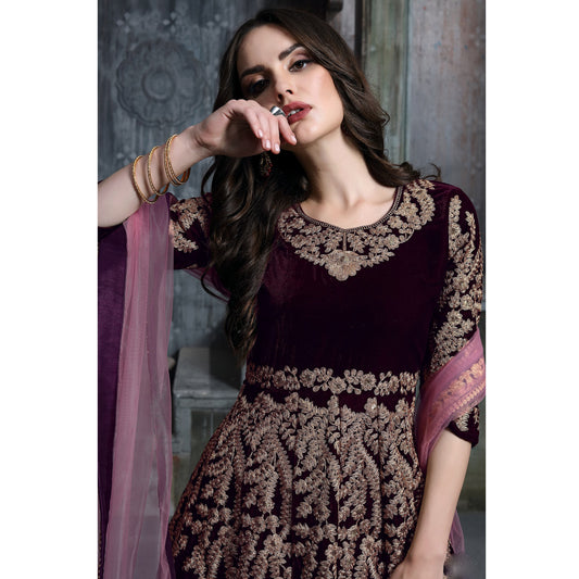 Velvet Fabric Beautiful Handmade Wine Color Anarkali Gown Suits with Heavy Embroidery Work