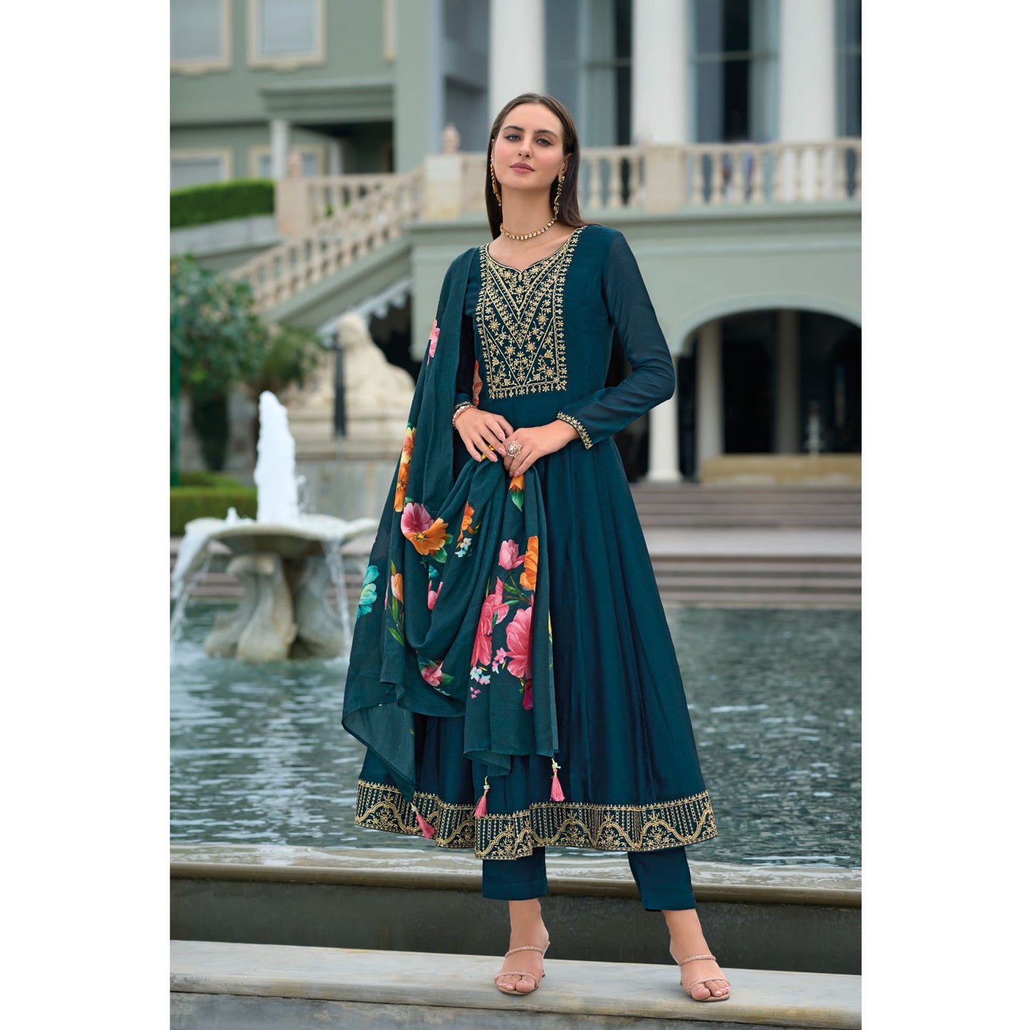 Designer Embroidery Work Anarkali Salwar Kameez Pant Suit With Silk Fabric Dupatta For USA Woman's