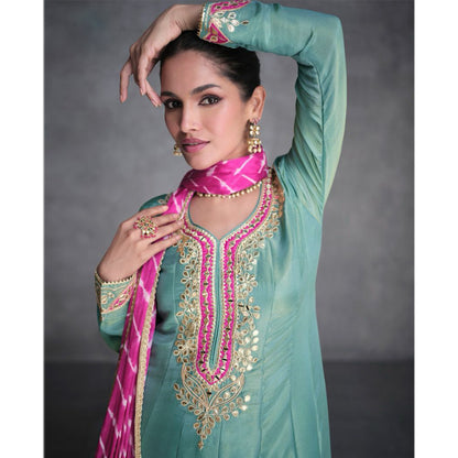 Pakistani Roka Nikah Wear Organza Silk Salwar Kameez Pant Suits