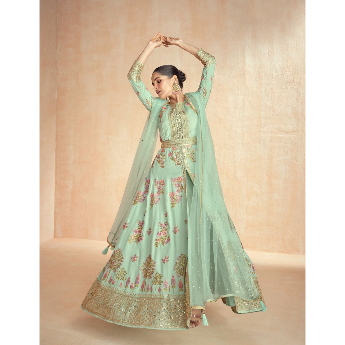 Bollywood Wedding Reception Wear Embroidery Worked Slit Anarkali Gown Suits