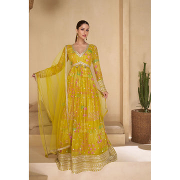 Awesome Designer Haldi Function Wear Readymade Printed Work Anarkali Gown Suits