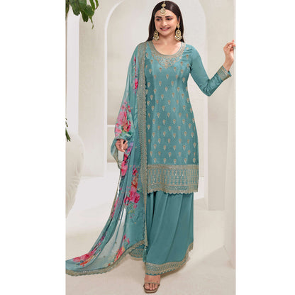 Special Designer Embroidery Work Salwar Kameez Plazzo Suit With Digital Printed Dupatta