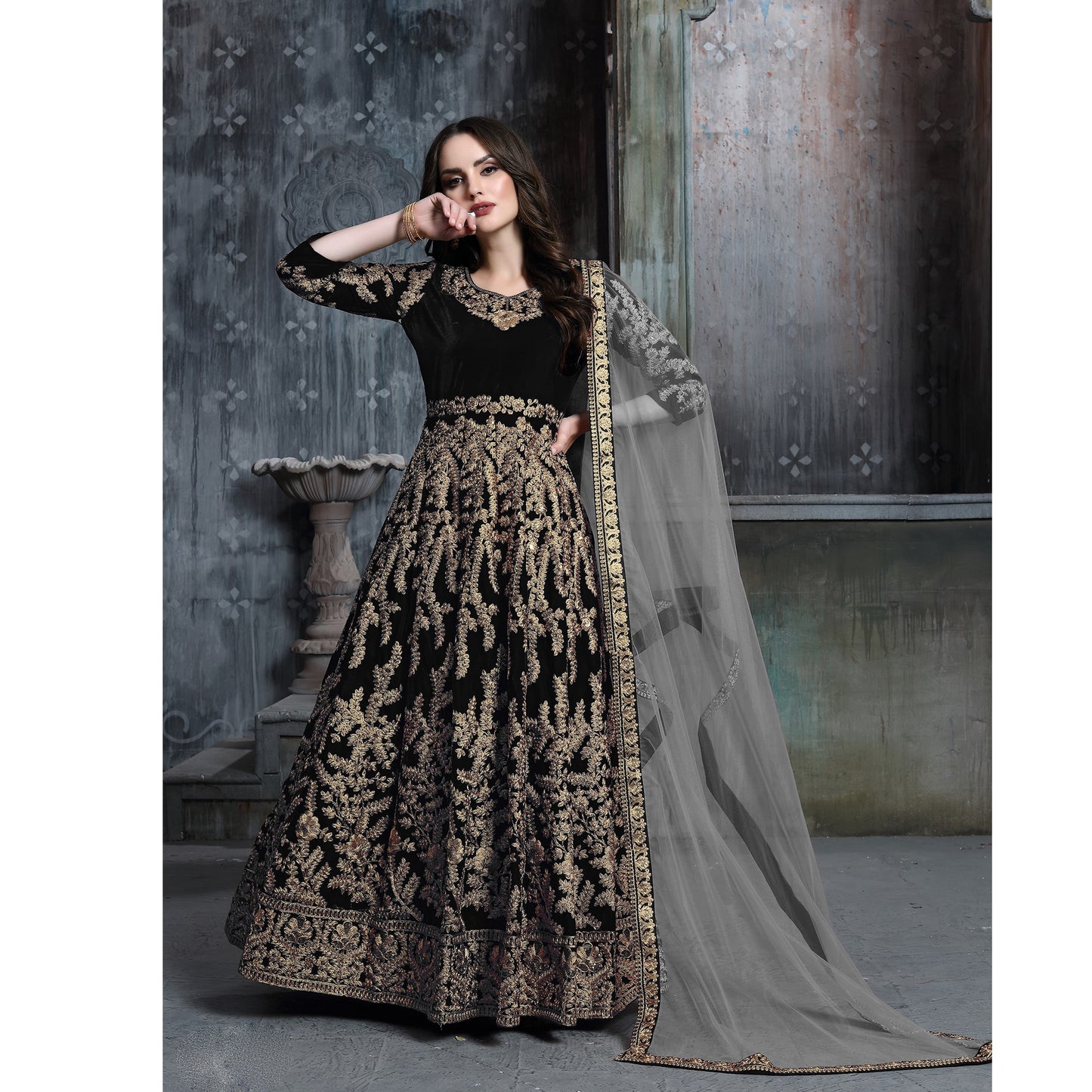 Velvet Fabric Beautiful Handmade Wine Color Anarkali Gown Suits with Heavy Embroidery Work