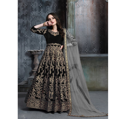 Velvet Fabric Beautiful Handmade Wine Color Anarkali Gown Suits with Heavy Embroidery Work