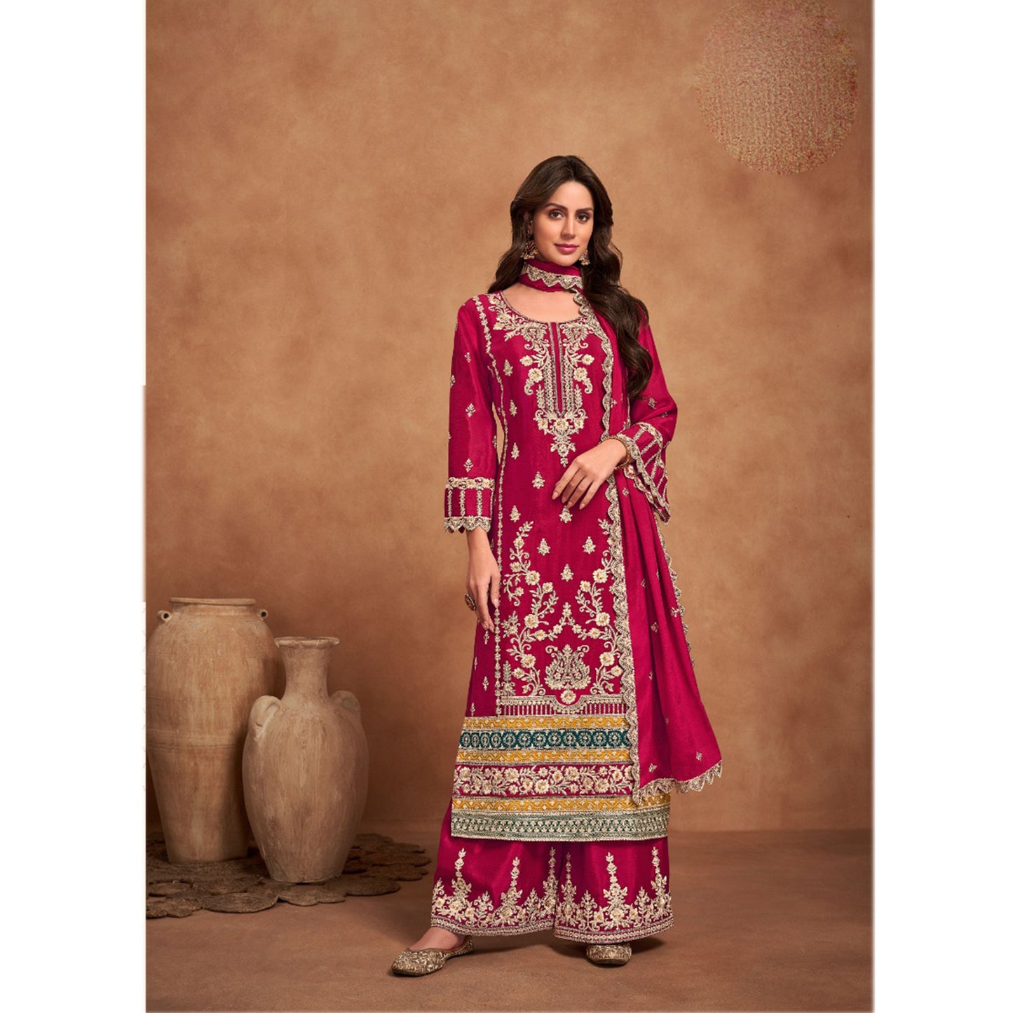 Stunning Designer Heavy Embroidery Work Chinon Fabric Salwar Kameez Plazzo Suit