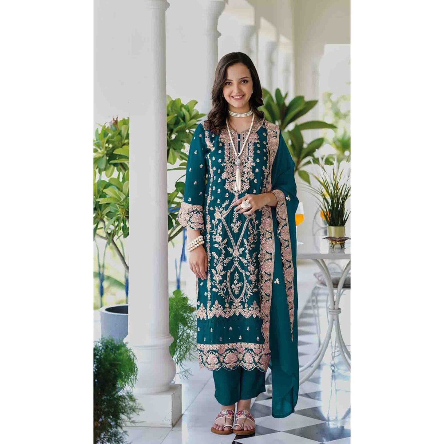 Eid Ramadan Party Wear & Thread Embroidery Worked Shalwar Kameez Pant Suits