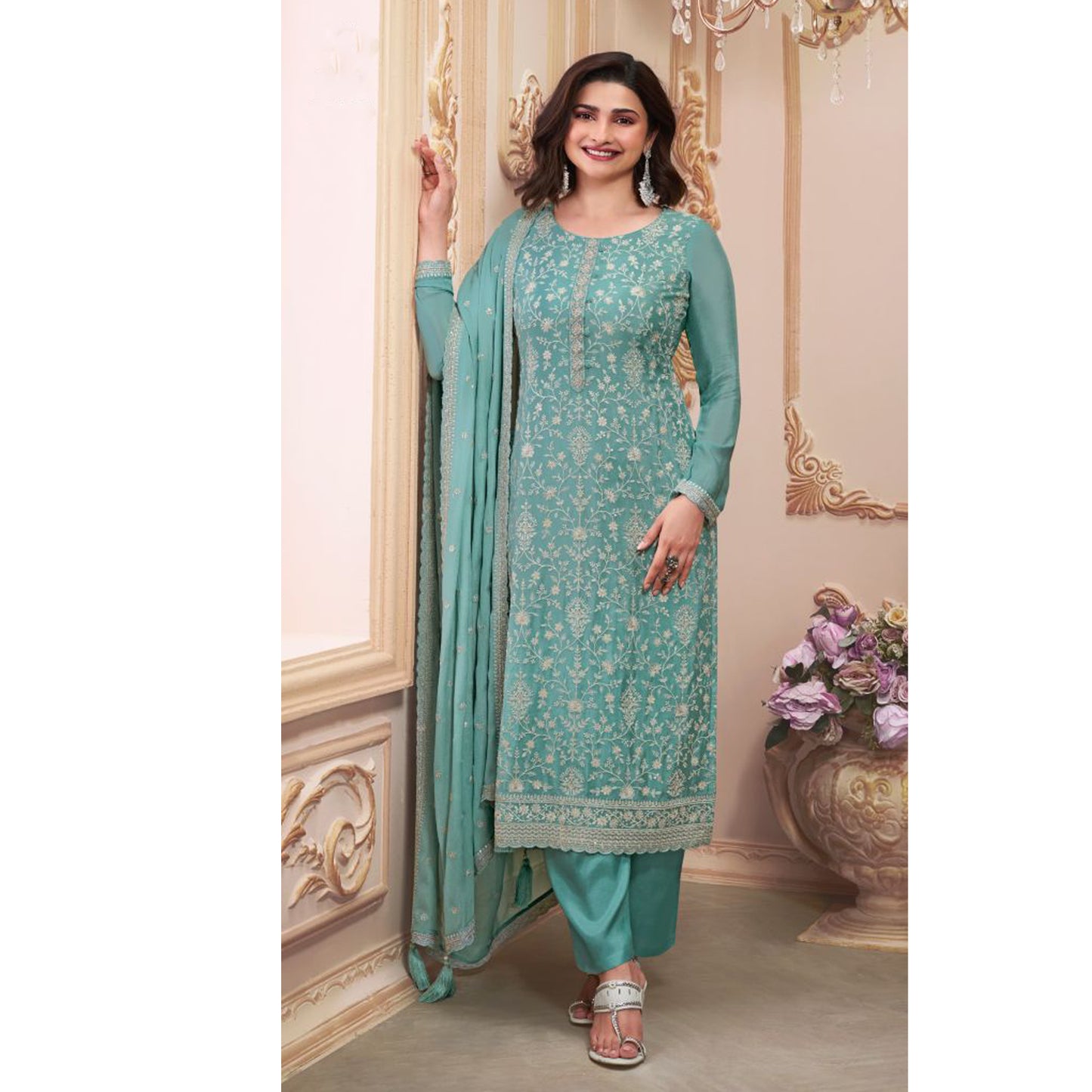 Indian Designer Thread Embroidery Chinon Work Event Wear Salwar Kameez Pant Suit