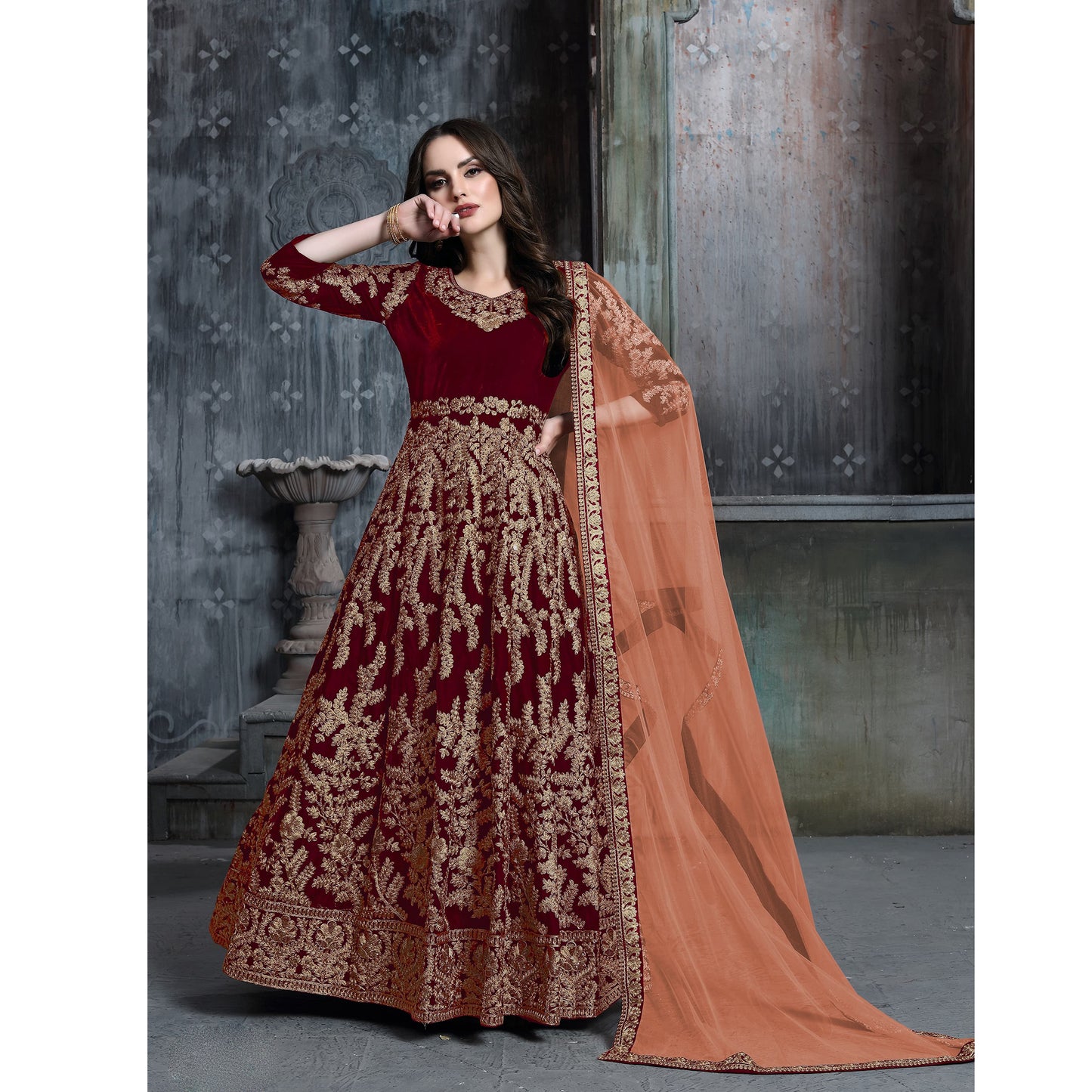 Velvet Fabric Beautiful Handmade Wine Color Anarkali Gown Suits with Heavy Embroidery Work