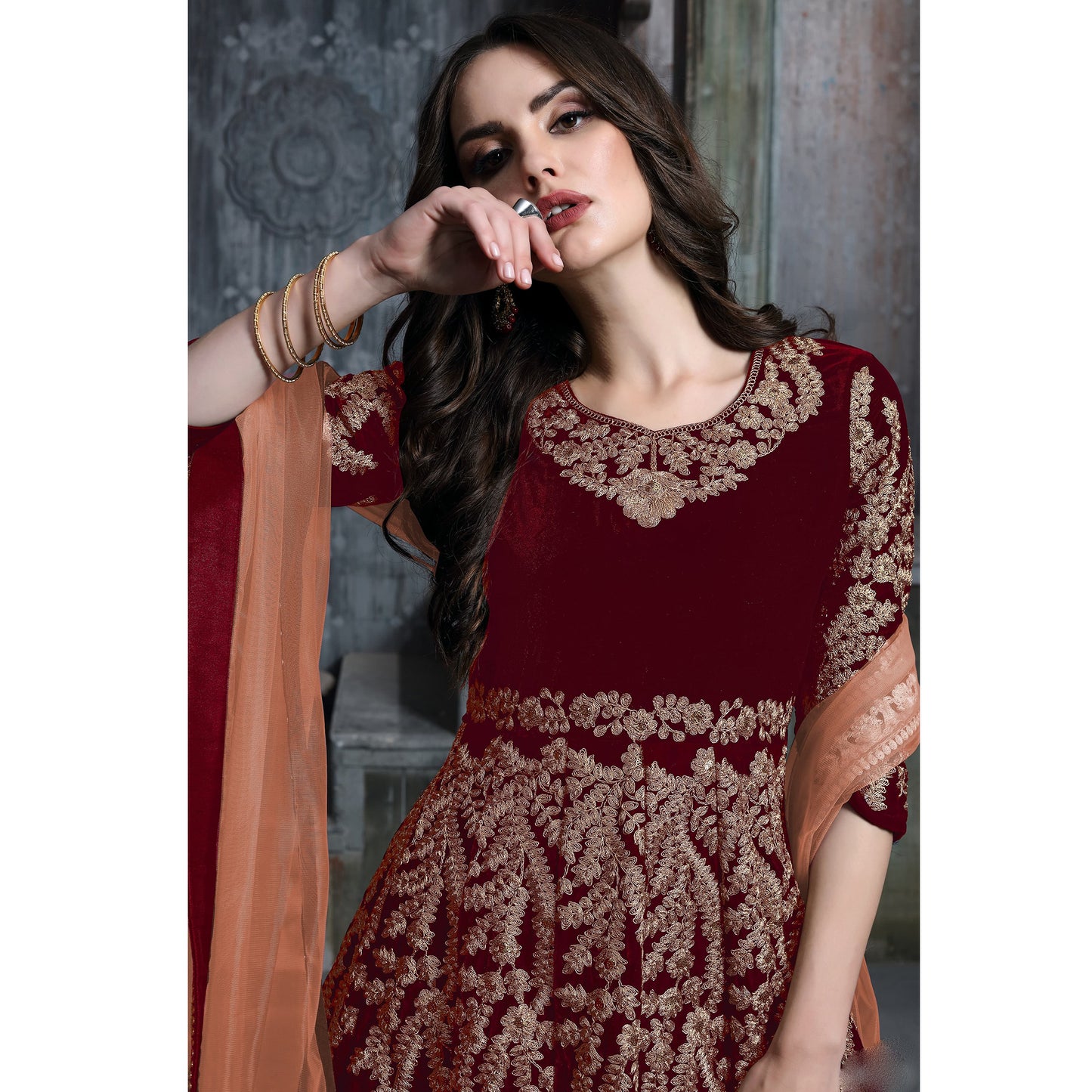 Velvet Fabric Beautiful Handmade Wine Color Anarkali Gown Suits with Heavy Embroidery Work