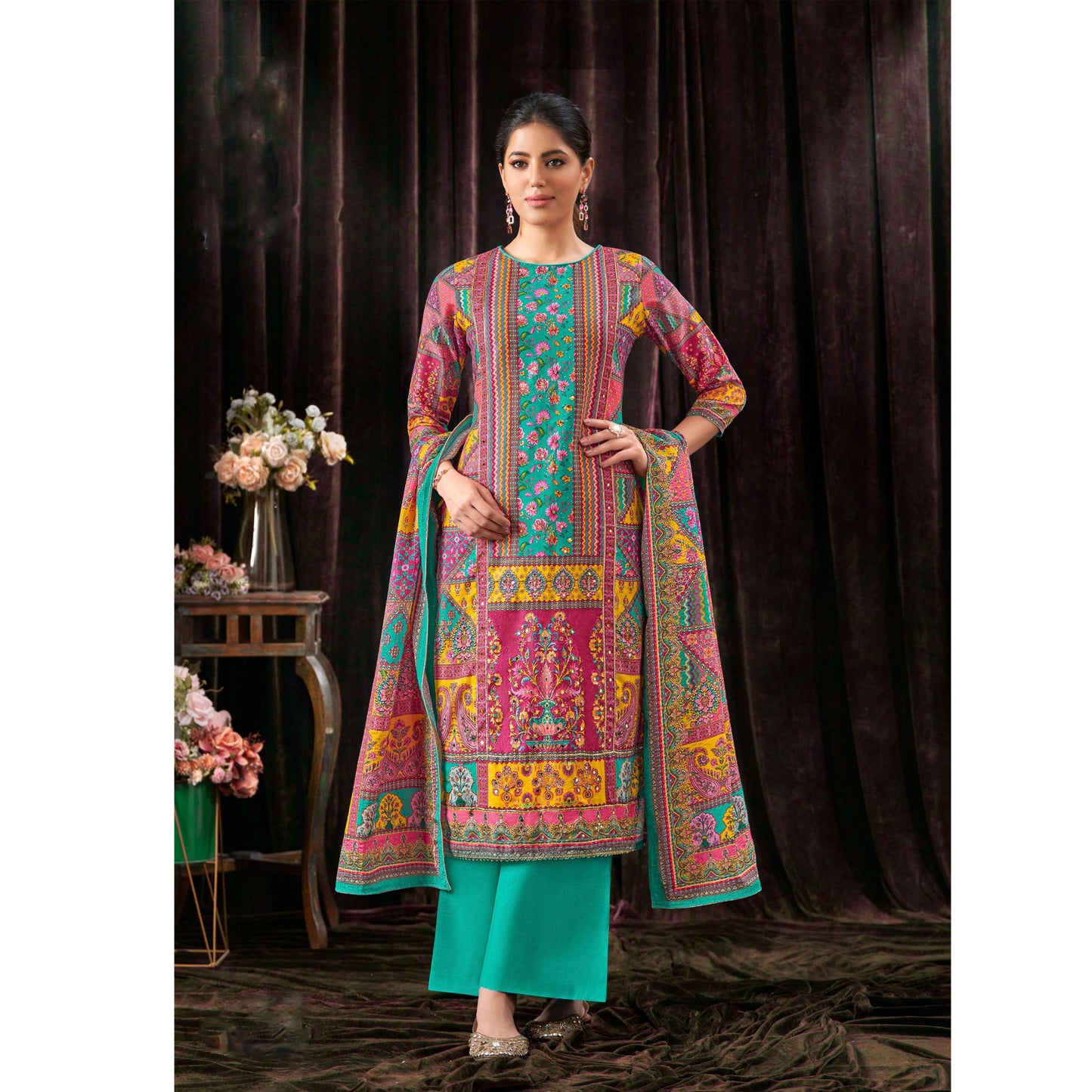 Gorgeous Designer Digital Printed & Mirror Work  Salwar Kameez Plazzo Pant Suit With Dupatta