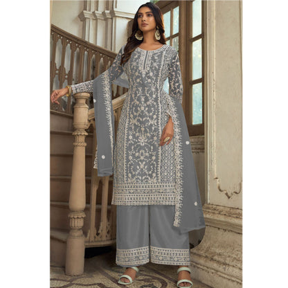 Amazing Designer Heavy Embroidery Work & Net Fabric Salwar Kameez Plazzo Suit With Cording Work Dupatta