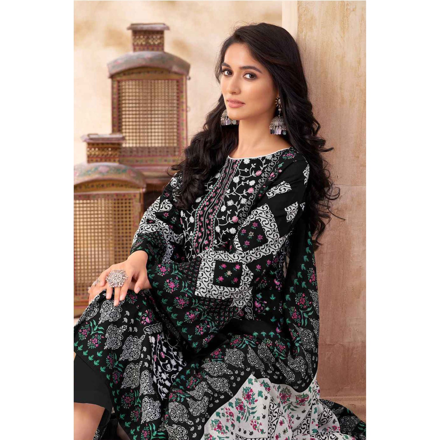 Cotton Fabric Printed Salwar Kameez Suits White & Black Color Plus Size Plazzo Pant Dress