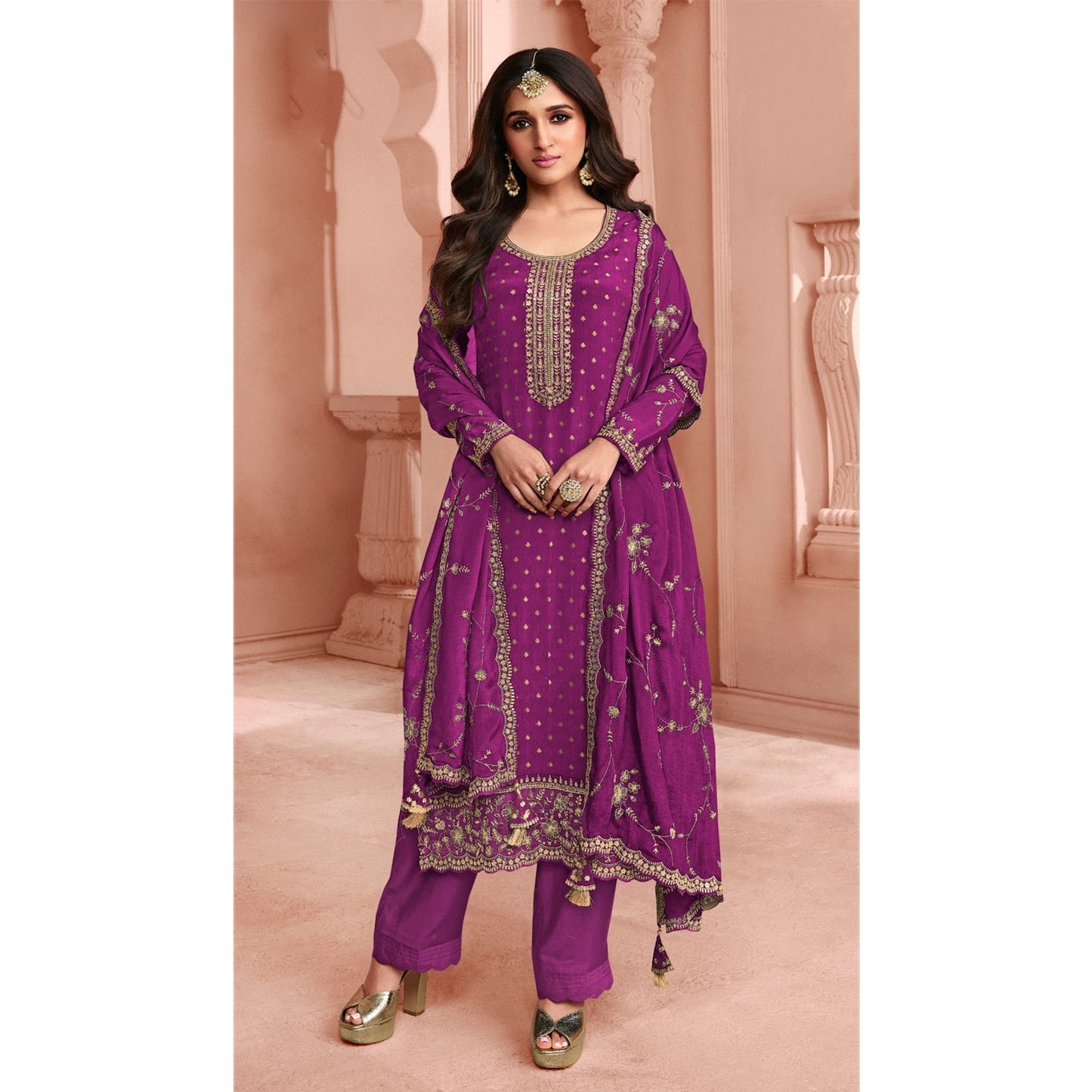 Heavy Embroidery Work Shalwar Kameez Palazzo-pant Suits With Heavy Dupatta