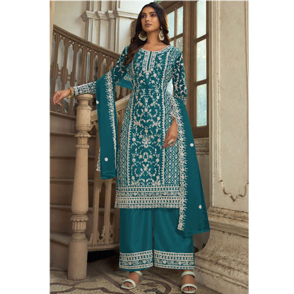 Amazing Designer Heavy Embroidery Work & Net Fabric Salwar Kameez Plazzo Suit With Cording Work Dupatta